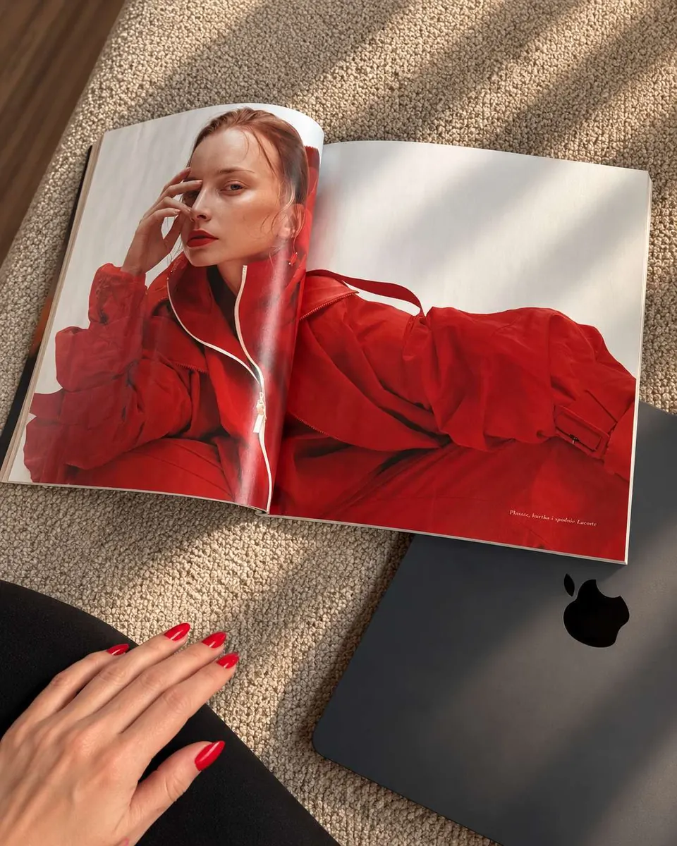 Otwarty Harper’s Bazaar z sesją modową w czerwieni — papierowe inspiracje Magdy Lelickiej