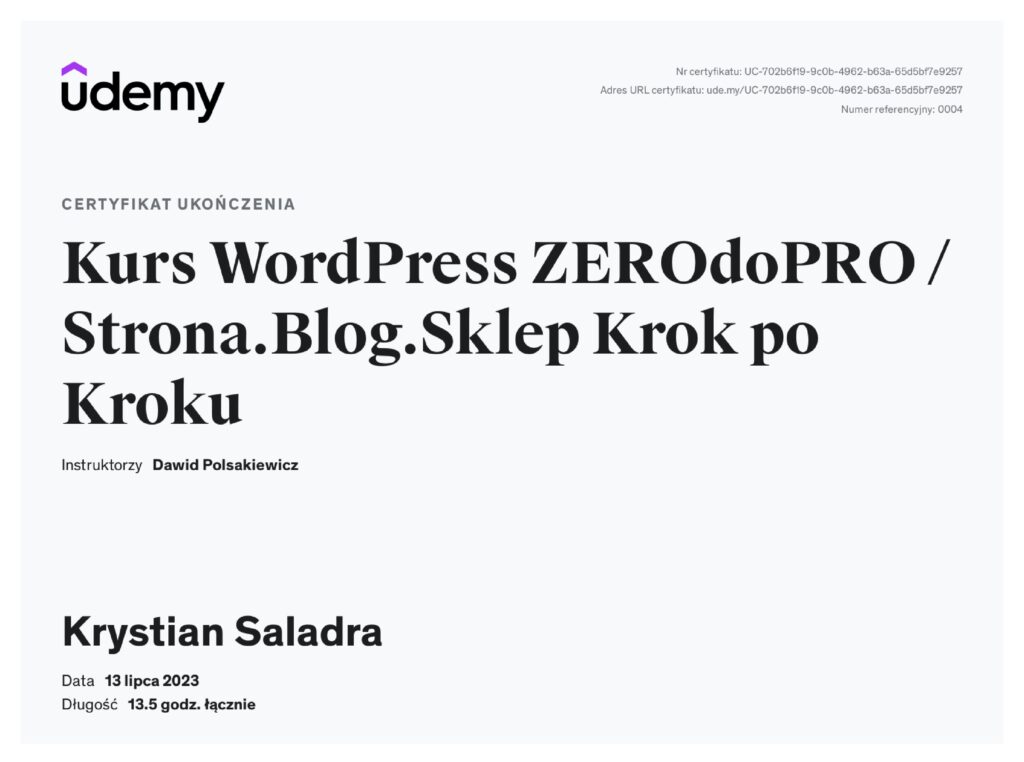 Certyfikat Kurs WordPress ZerodoPro