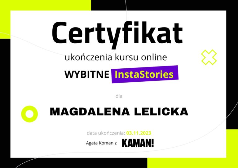 Certyfikat Magdalena Lelicka – kurs Wybitne InstaStories