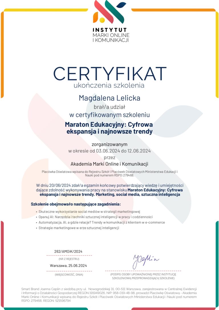 Certyfikat Magdalena Lelicka – Maraton Edukacyjny Cyfrowa ekspansja i najnowsze trendy
