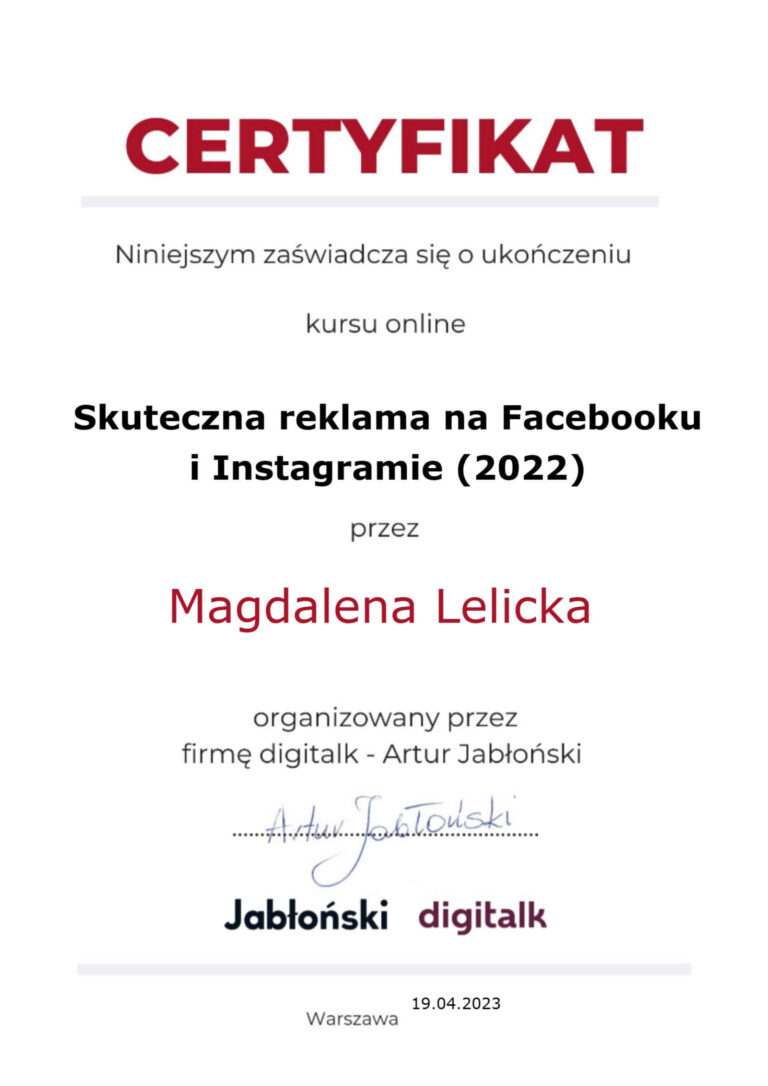 Certyfikat Magdalena Lelicka – skuteczna reklama na Facebooku i Instagramie