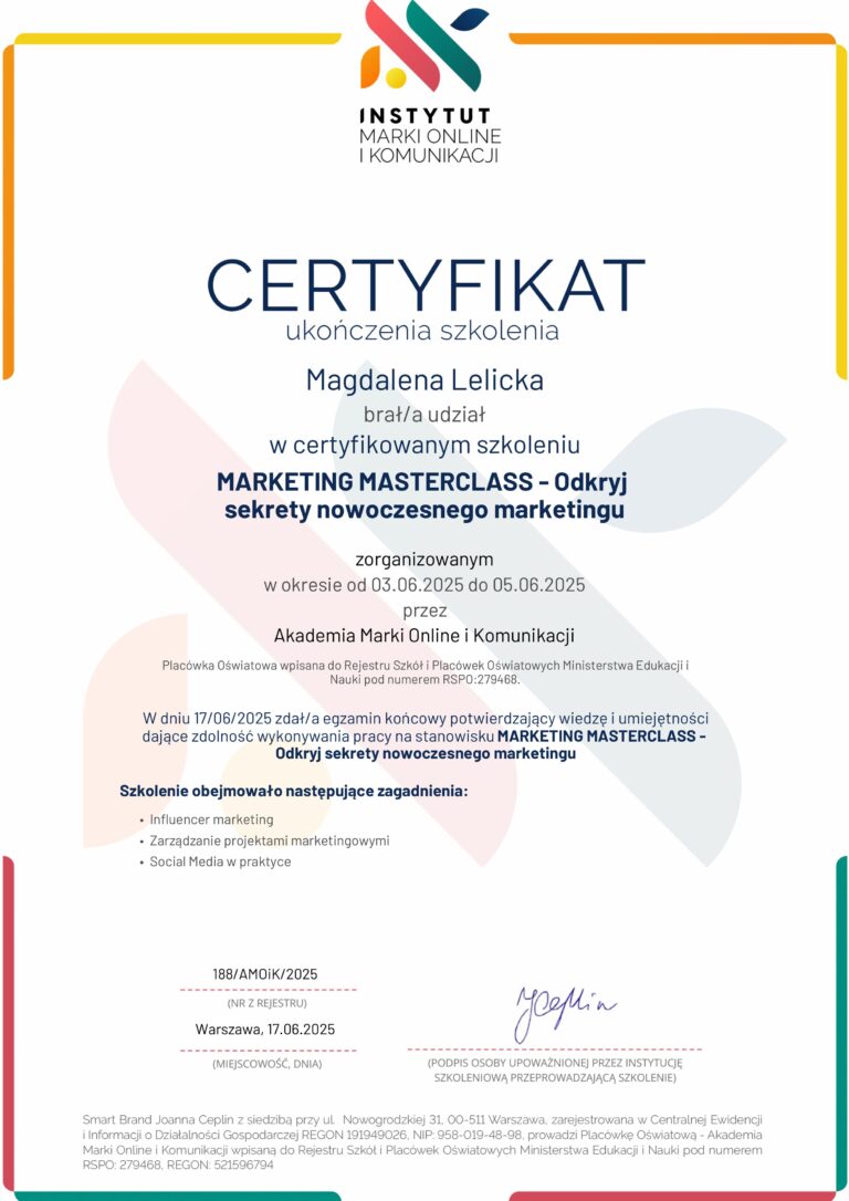 Certyfikat Magdaleny Lelickiej – Marketing Masterclass, sekrety nowoczesnego marketingu 2025