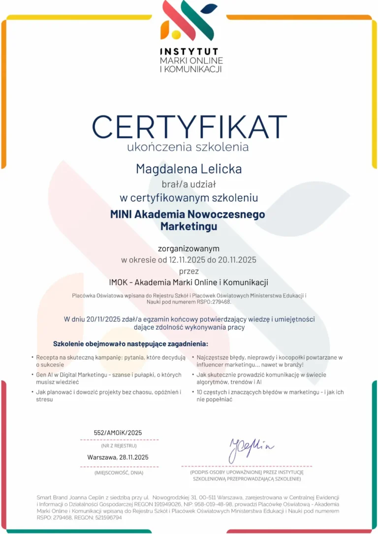 Certyfikat ukończenia szkolenia Mini Akademia Nowoczesnego Marketingu – Magdalena Lelicka